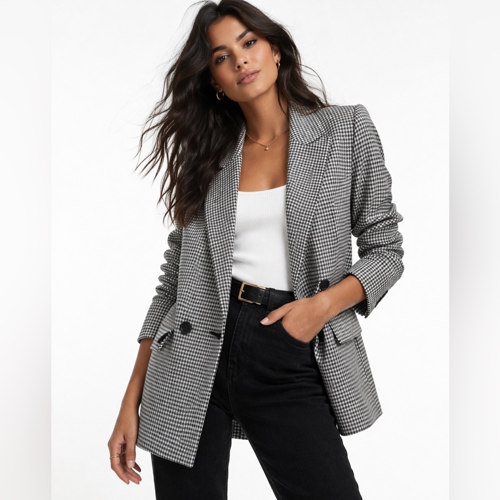 Zara Women’s Black & White Houndstooth Blazer Jacket w/Buttons Size XS